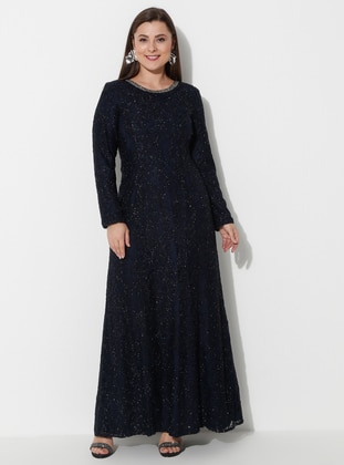 Silvery Lace Hijab Evening Dress Navy Blue