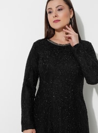 Silvery Lace Hijab Evening Dress Black