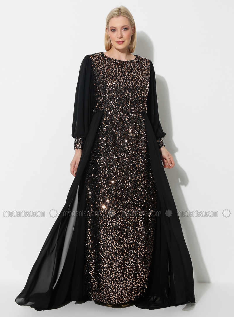 - Black - Lined - neck - Modest Plus Size Evening Dress -