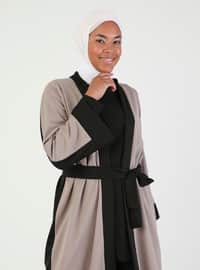 Cream - Black - Unlined - V neck Collar - Abaya