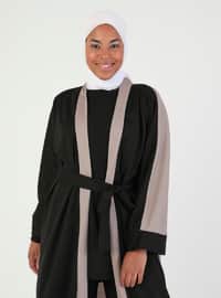 Cream - Black - Unlined - V neck Collar - Abaya