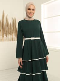 Belt Detailed Flounced Dress - Emerald Green