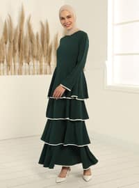 Belt Detailed Flounced Dress - Emerald Green