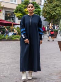 Büyük Beden Cep Detaylı 2 İplik Spor Elbise - Lacivert İndigo Ekru