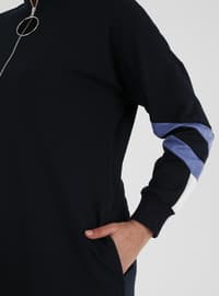 Büyük Beden Cep Detaylı 2 İplik Spor Elbise - Lacivert İndigo Ekru