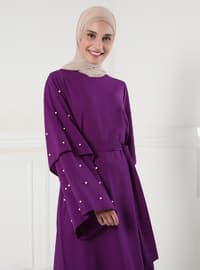 Pearl Flounced Detailed Evening Dress - Purple