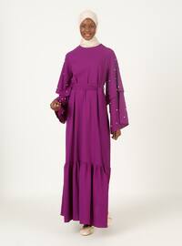 Pearl Flounced Detailed Evening Dress - Purple