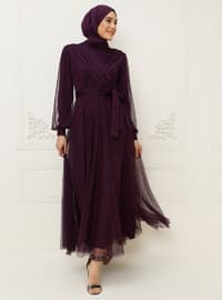 Tulle Detailed Hijab Evening Dress Purple