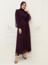Tulle Detailed Hijab Evening Dress Purple