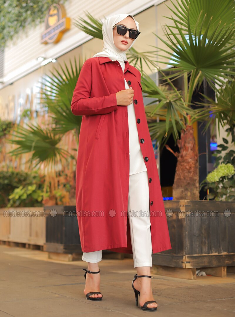 Maroon - Unlined - Point Collar - - Trench Coat