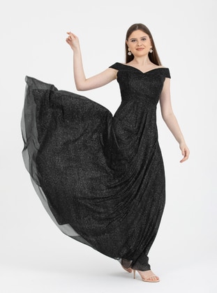Black - Fully Lined - Boat neck - Muslim Evening Dress  - Meksila