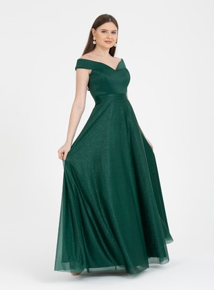Boat Neck Silvery Evening Dress Emerald