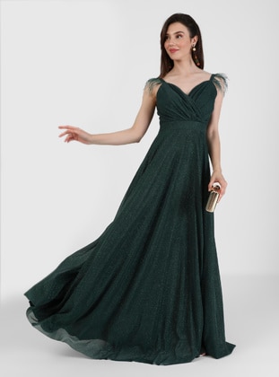 Emerald - Fully Lined - V neck Collar - Muslim Evening Dress  - Meksila