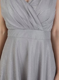 Gray - Fully Lined - V neck Collar - Muslim Evening Dress
