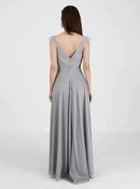 Gray - Fully Lined - V neck Collar - Muslim Evening Dress