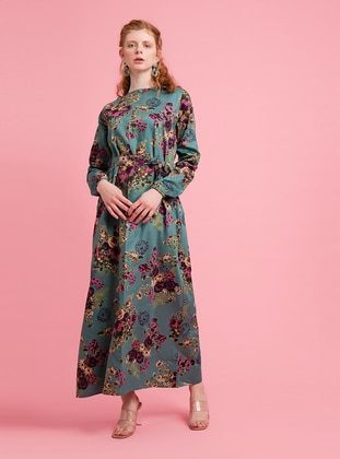 Floral Patterned Cotton Satin Modest Dress Purple