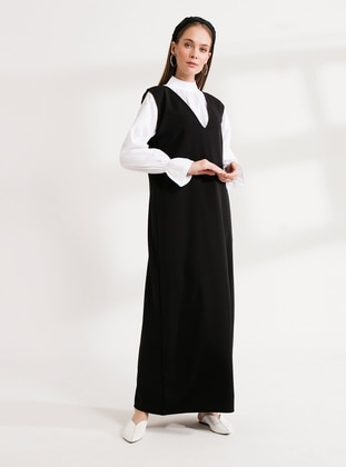 Black - Black - V neck Collar - Unlined - Cotton - Dress - Ceylan Otantik