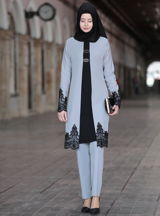 Tunic&Pants Two Piece Hijab Evening Dresses Gray