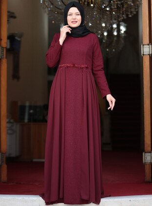 Maroon - Unlined - Crew neck - Muslim Plus Size Evening Dress - Amine Hüma