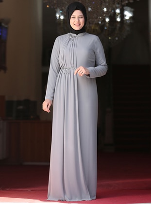 Gray - Fully Lined - Crew neck - Muslim Plus Size Evening Dress - Amine Hüma