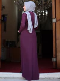 Purple - Fully Lined - Crew neck - Muslim Plus Size Evening Dress
