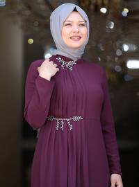 Purple - Fully Lined - Crew neck - Muslim Plus Size Evening Dress