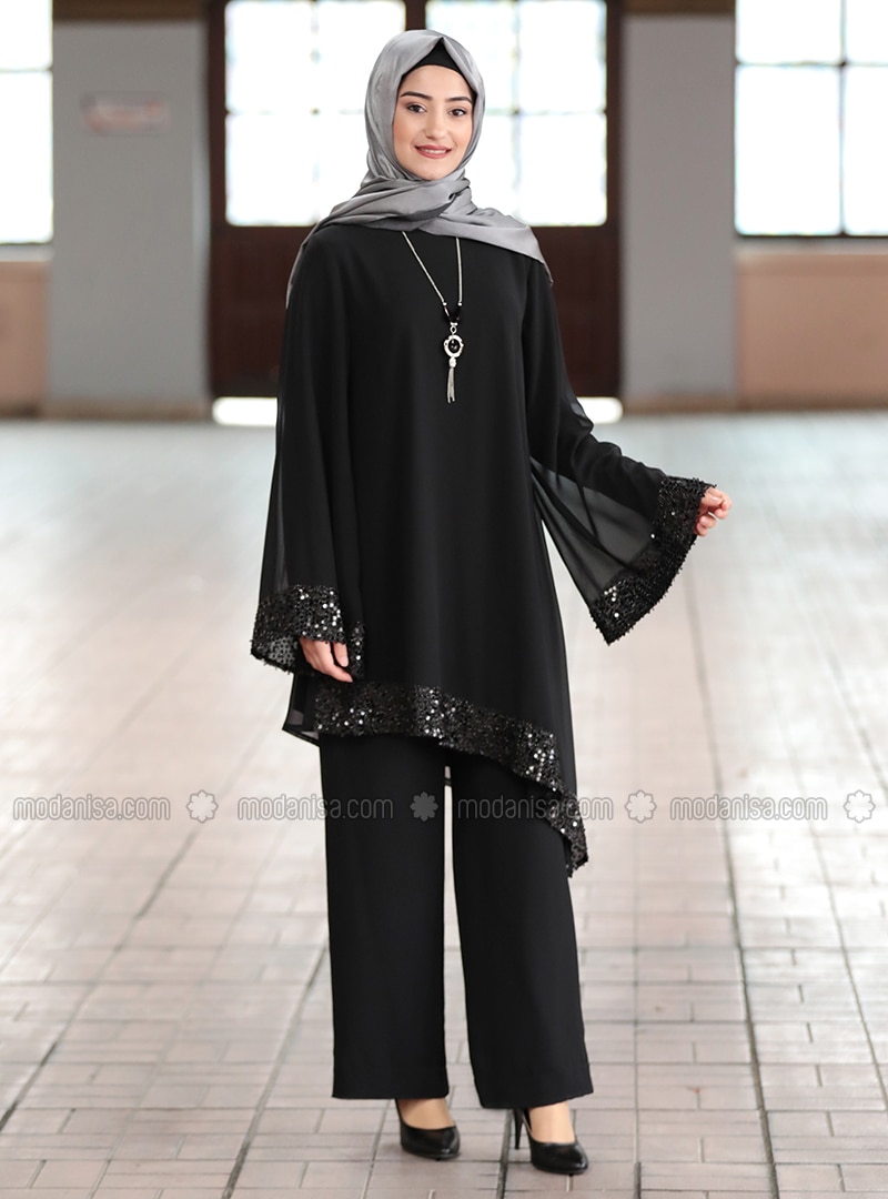 Black - Crew neck - Fully Lined - Chiffon - Plus Size Evening Suit