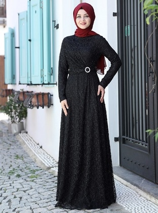 Black - Fully Lined - Crew neck - Muslim Evening Dress - Ahunisa