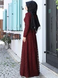 Maroon - Fully Lined - Crew neck - Muslim Evening Dress