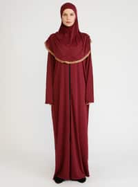 Hijab Included Zippered Prayer Gown Burgundy
