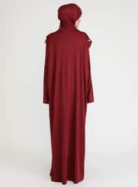 Hijab Included Zippered Prayer Gown Burgundy