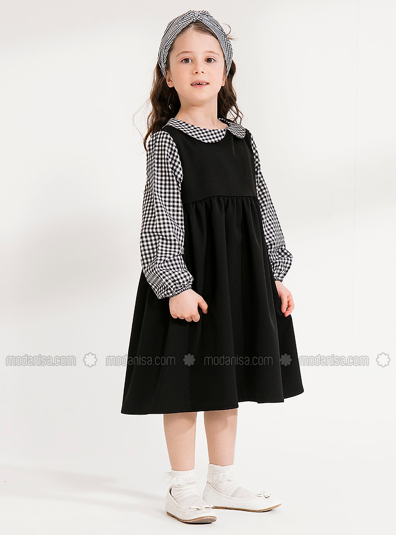 Black - Checkered - Round Collar - Cotton - Unlined - Black - Girls` Dress - Ceylan Otantik