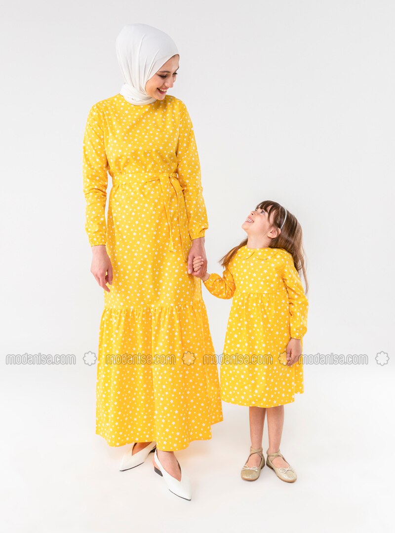 Yellow - Yellow - Geometric - Crew neck - Unlined - Cotton - Dress