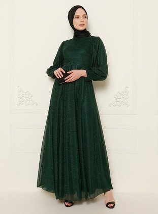 Green - Crew neck - Muslim Evening Dress - MEKSİLA
