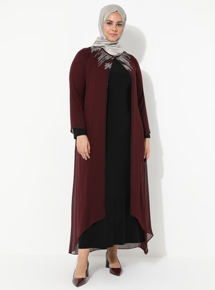 Maroon - Unlined - Crew neck - Muslim Plus Size Evening Dress - Atay Gökmen