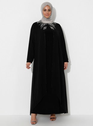 Black - Unlined - Crew neck - Muslim Plus Size Evening Dress - Atay Gökmen