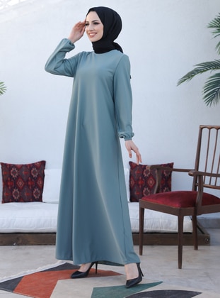 Basic Modest Dress With Elastic Sleeves Mint Green