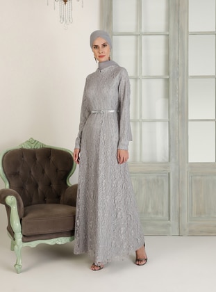 Gray - Fully Lined - Crew neck - Muslim Evening Dress - Rabeysa