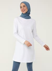 Cotton Fabric Crew-Neck Tunic - White - Refka Basic