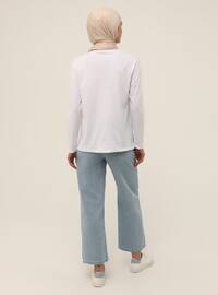 Long Sleeve Cotton Fabric Basic T-shirt - White - Refka Basic
