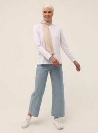 Long Sleeve Cotton Fabric Basic T-shirt - White - Refka Basic