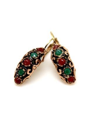 Gold - Red - Green - Earring - Batı Accessories