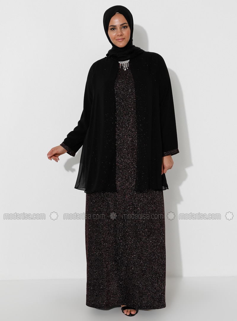 Black - Fully Lined - Crew neck - Muslim Plus Size Evening Dress