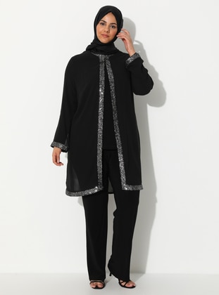 Sequin Detailed 3 Piece Hijab Evening Dresses Black Silver
