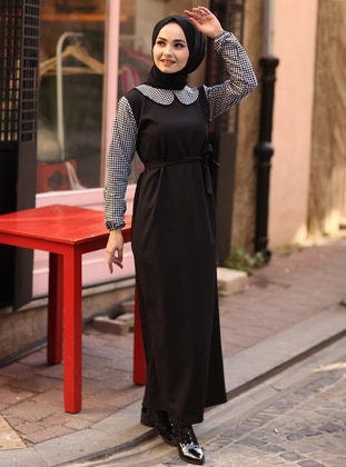 Black - Black - Checkered - Round Collar - Unlined - Dress - Ceylan Otantik