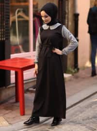Black - Black - Checkered - Round Collar - Unlined - Dress