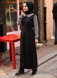 Black - Black - Checkered - Round Collar - Unlined - Dress