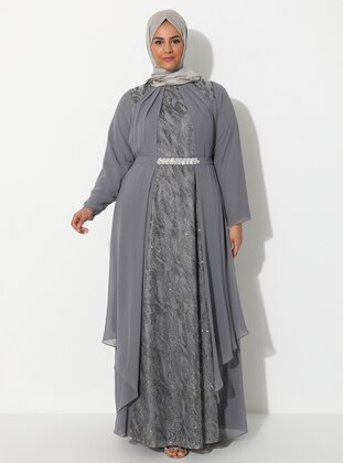 Gray - Fully Lined - Crew neck - Muslim Plus Size Evening Dress