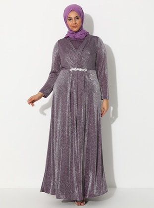 Purple - Fully Lined - Crew neck - Muslim Plus Size Evening Dress - Sevdem Abiye