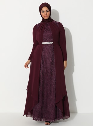 Plum - Fully Lined - Crew neck - Muslim Plus Size Evening Dress - Sevdem Abiye